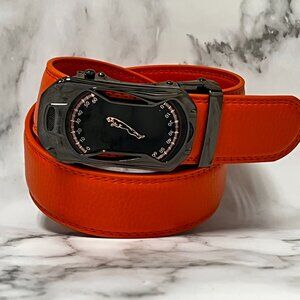 Orange belt Men's Leather Ratchet‎ Belt with Automatic Buckle Adjustable Jeans